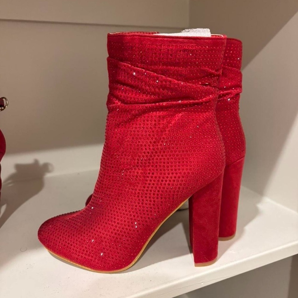 Red Rhinestone Suede High Block Heel Ankle Boots - Women